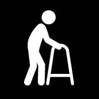 Graphic, Outline of a person using a walker in white on a black background