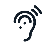 Graphic, Outline of an ear with two dots inside it and vibrations above it, in black on a white background. 