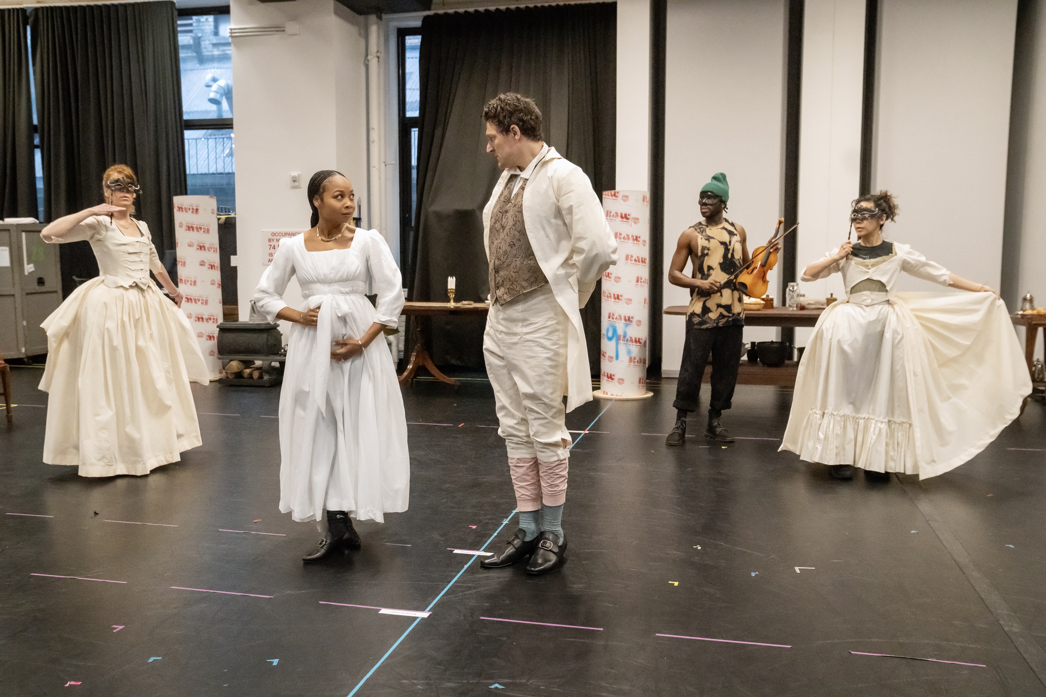 Kate Nowlin, Sheria Irving, Gabriel Ebert, Leland Fowler, and Sun Mee Chomet in rehearsal for the New York premiere of Sally & Tom, written by Suzan-Lori Parks and directed by Steve H. Broadnax III, at The Public Theater. Photo Credit: Joan Marcus. 