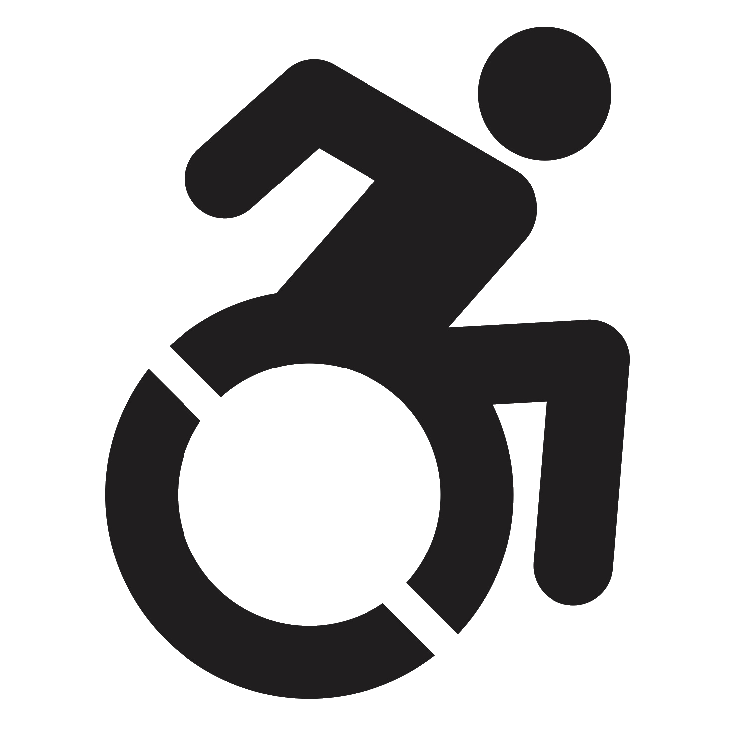 Graphic, Outline of a person in a mobility device moving forward in motion in black on a white background. 