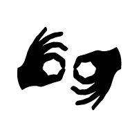 Graphic, Outline of two hands forming the American Sign Language symbol for an interpreter in black on a white background.