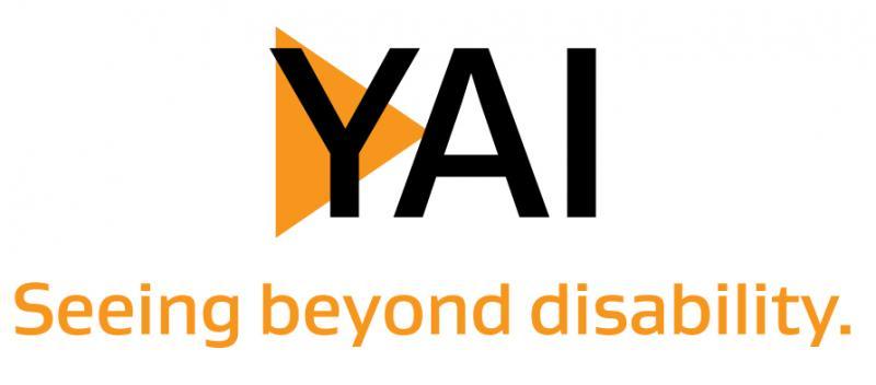 Text, YAI in black capitalized bold text overtop an orange triangle. Text, Seeing beyond disability in the same orange as the triangle all on a white background. 
