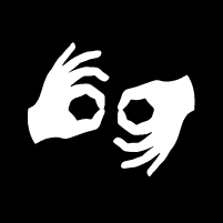 Graphic, Outline of two hands forming the American Sign Language symbol for an interpreter in white on a black background. 